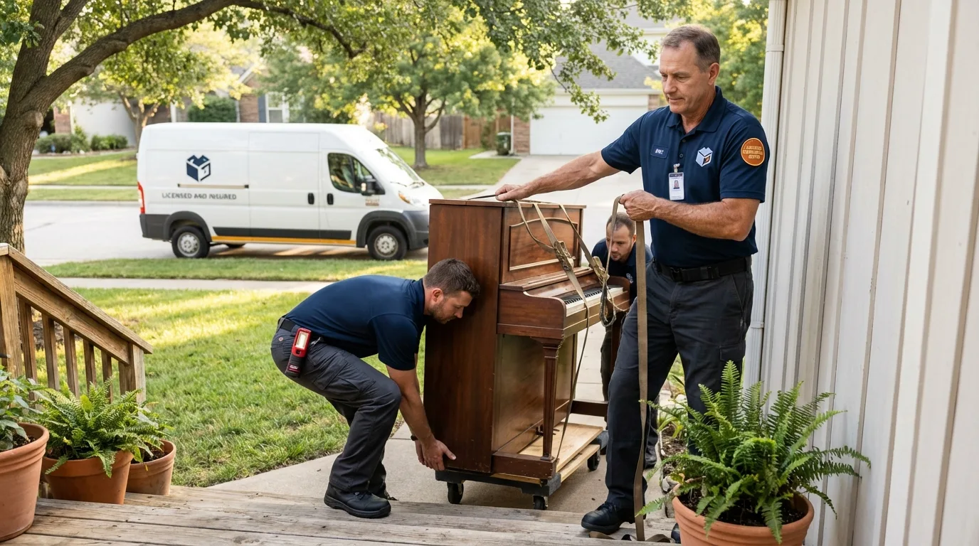 Licensed piano movers securing grand piano in Reserve, LA